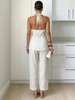 Women's Simple Casual Halter Neck Sleeveless Cotton Linen Set