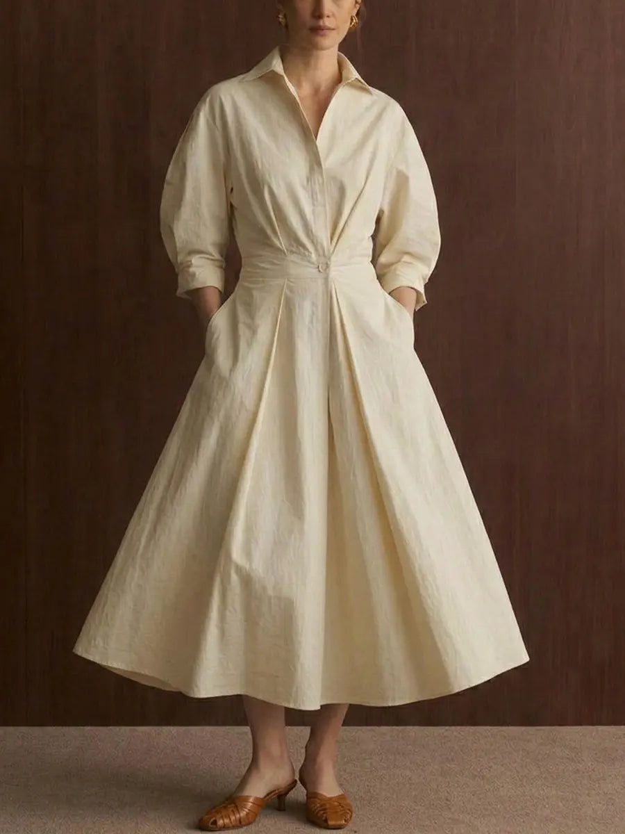 Beige Peter Pan Collar Pockets Cotton Dress Long Sleeve