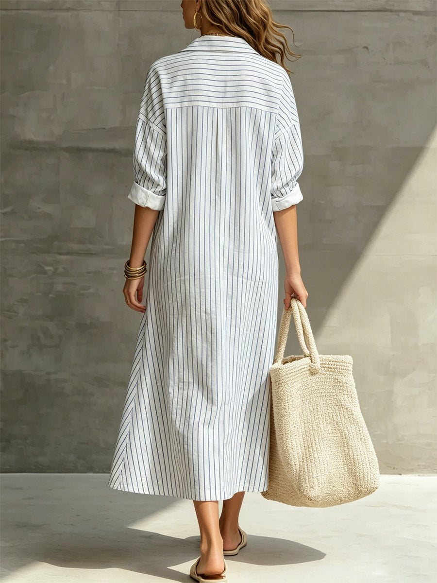 Women's Striped Elegant Art Zip Casual Cotton Linen Dress