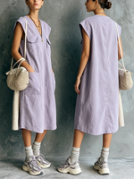 Casual Sleeveless Cotton Dress With Cargo Pockets