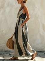 Color-blocked Vertical Stripe V-neck Sleeveless Swing Dress