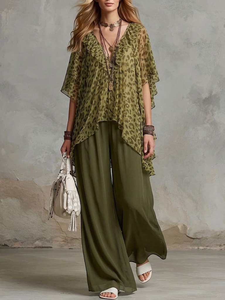 Loose And Cozy Leopard Print Chiffon Two-piece Set (top & Pants)
