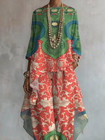 Women's Retro Floral Art Print Casual Stylish 3/4 Sleeve Cotton Linen Suits