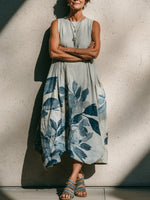 Botanical Print Sleeveless Linen-cotton Midi Dress