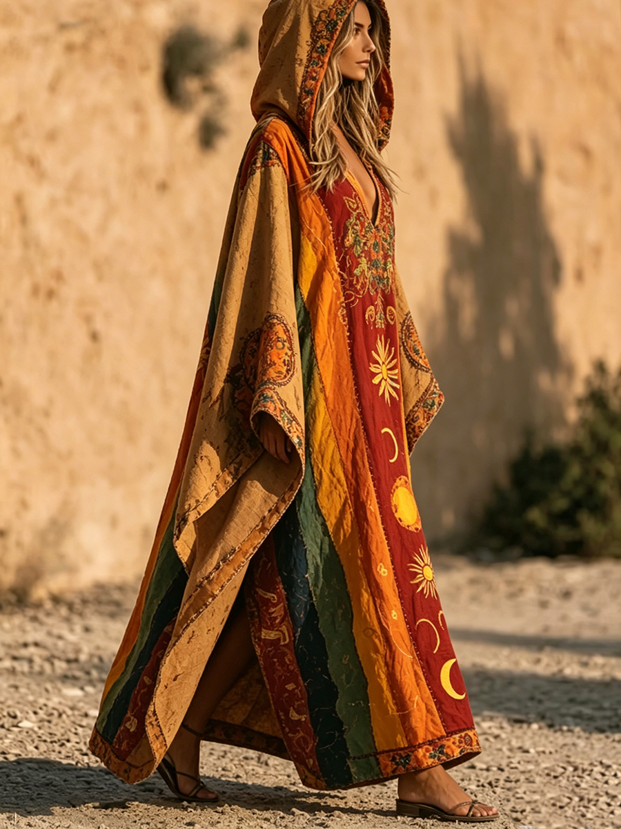 Boho Star & Moon Print Cotton-linen Hooded Dress