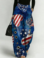 Women's American Independence Day Flag And Heart Decoration Patterns Cotton Denim Pants