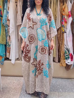 Vacation-style Knitted Kaftan Dress With Seashell And Coral Print