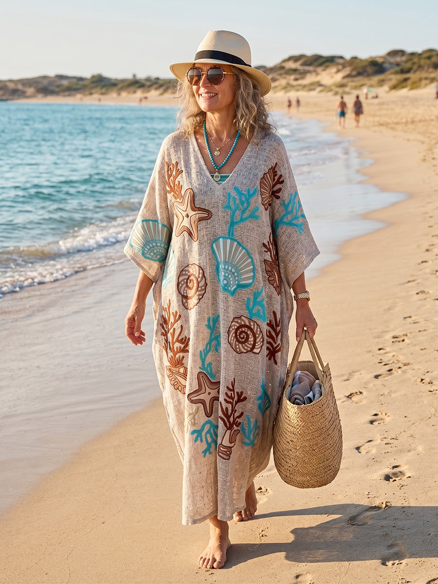 Vacation-style Knitted Kaftan Dress With Seashell And Coral Print