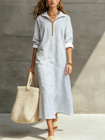 Women's Striped Elegant Art Zip Casual Cotton Linen Dress