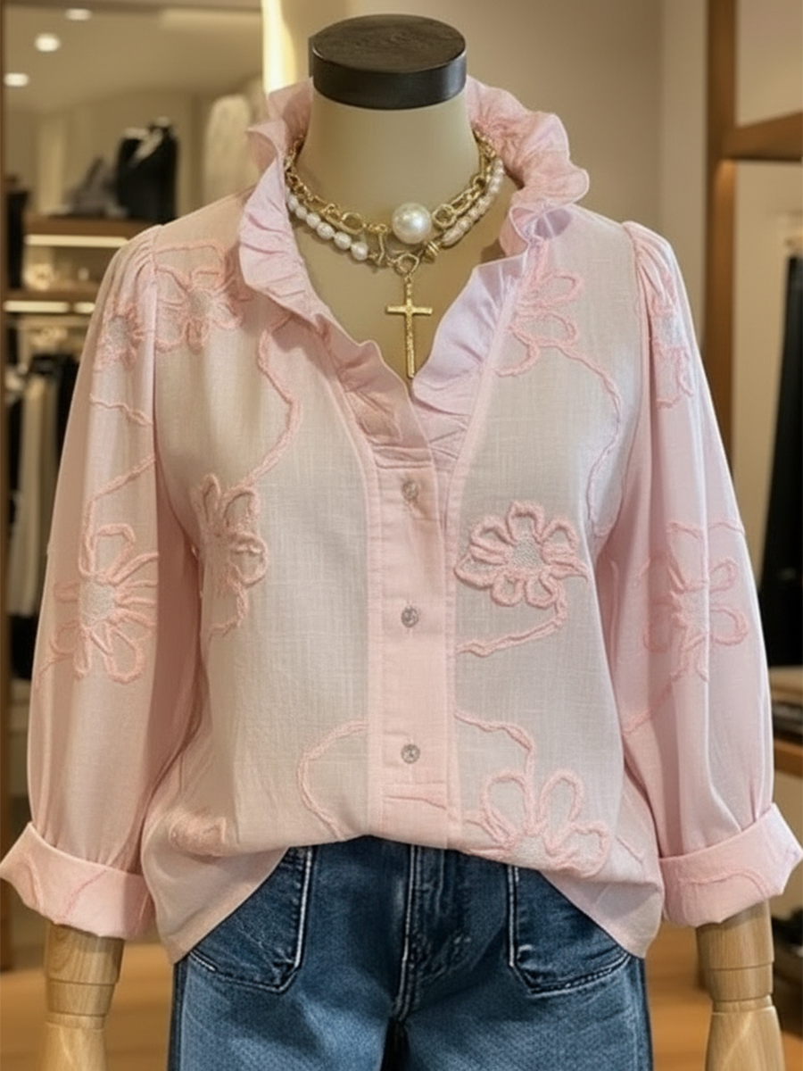 Camicia in cotone casual e romantica con colletto a volant