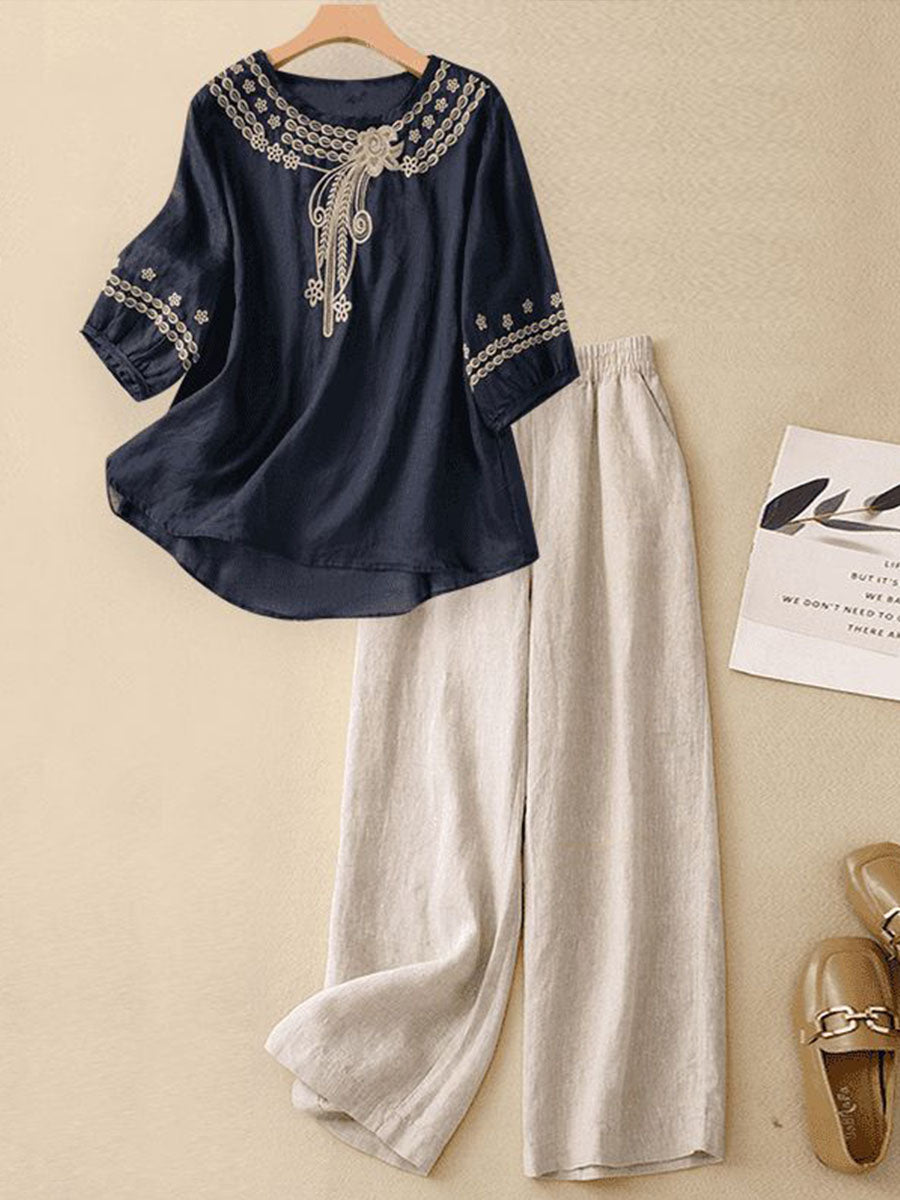Women's Embroidered Cotton-linen Top And Casual Wide-leg Pants Two-piece Set
