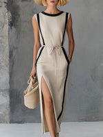 Women's Retro Black & Off-white Sleeveless Round-neck Dress