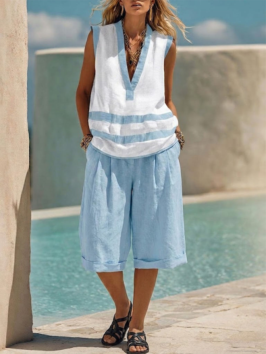 Two-piece Set: Color-block Striped V-neck Sleeveless Top + Cotton-linen Wide-leg Knee-length Shorts With Cuffed Hems.