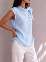 Retro Tie-collar Sleeveless Cotton-linen Top