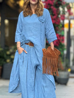 Casual Linen-cotton Long Top And Trousers Two-piece Set