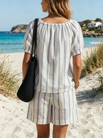 Women's Striped Art Stylish Casual Short Sleeve Top And Pants Breathable Cotton Linen Two-piece Set