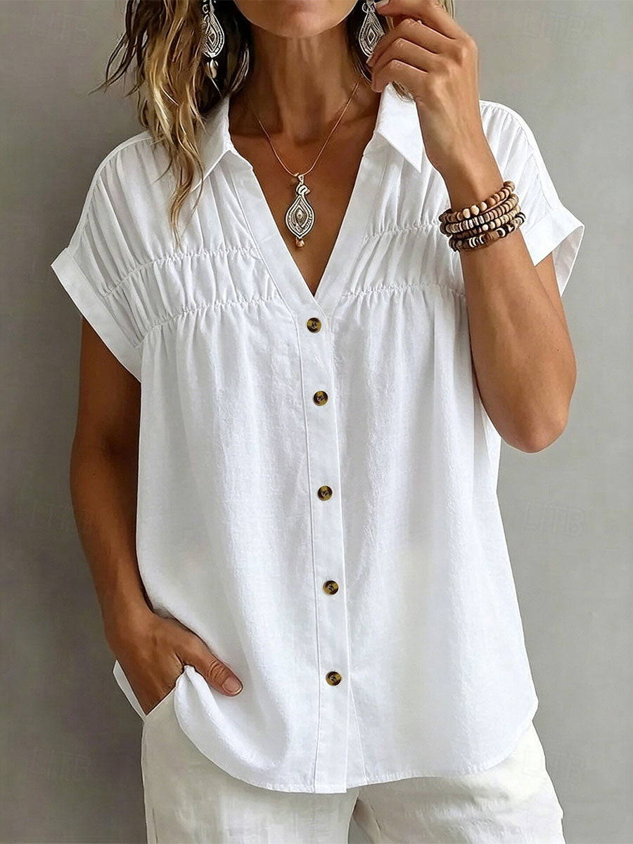 Women's Pleats Loose-fit V-neck Single-breasted Short-sleeve Shirt