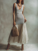 Cozy & Simple Sleeveless Dress With Chiffon And Knit Paneling