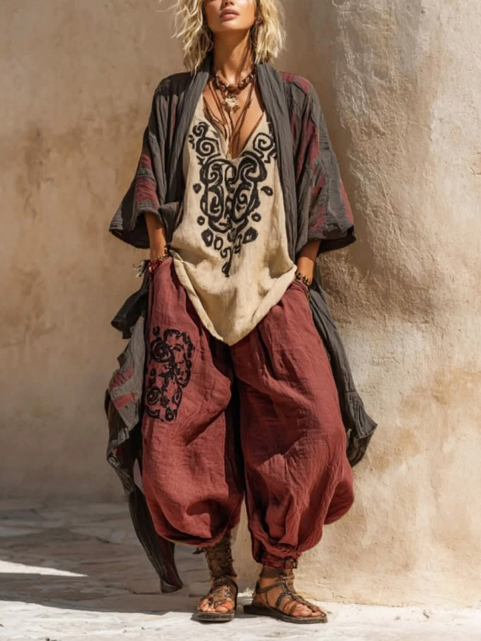 Completo boho casual a tre pezzi in lino e cotone, ampio