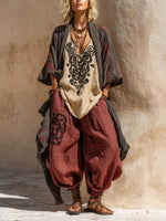 Completo boho casual a tre pezzi in lino e cotone, ampio