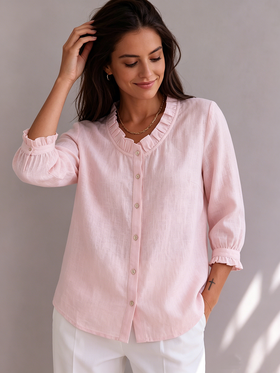 Rose Pink Cotton-linen Shirt With Ruffled Collar