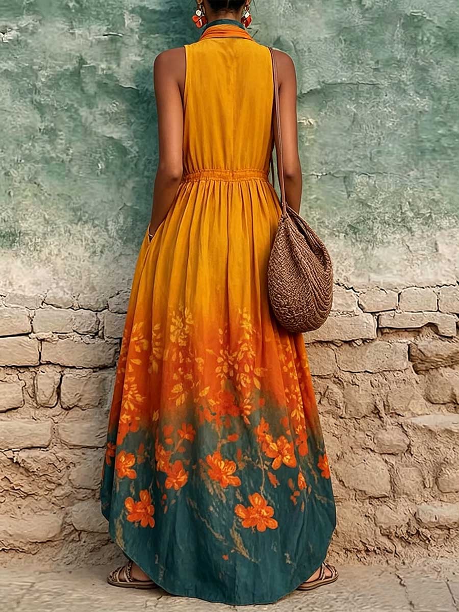 Women's Casual Loose Cotton-linen Dress With Placement Print Stand Collar And Sleeveless Design