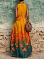 Women's Casual Loose Cotton-linen Dress With Placement Print Stand Collar And Sleeveless Design