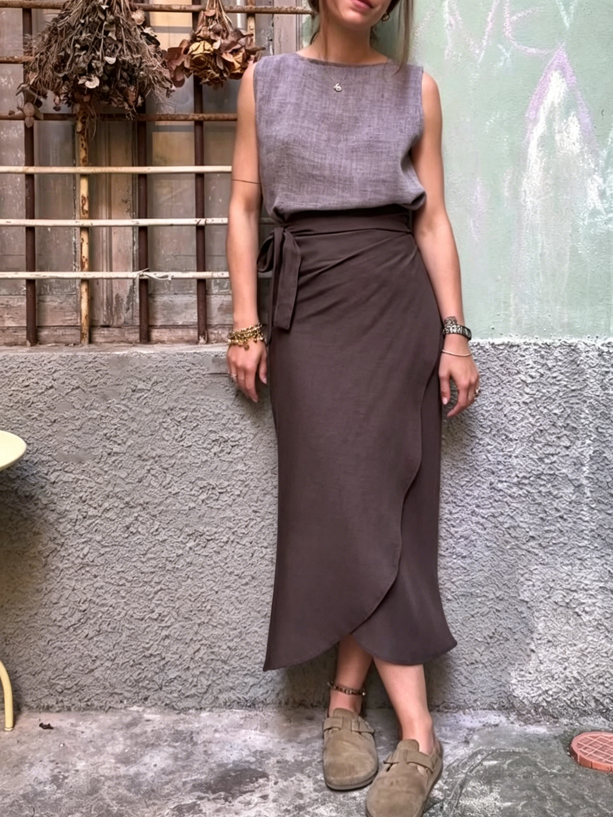 Elegant Mocha High-waisted Tie-waist Wrap Skirt