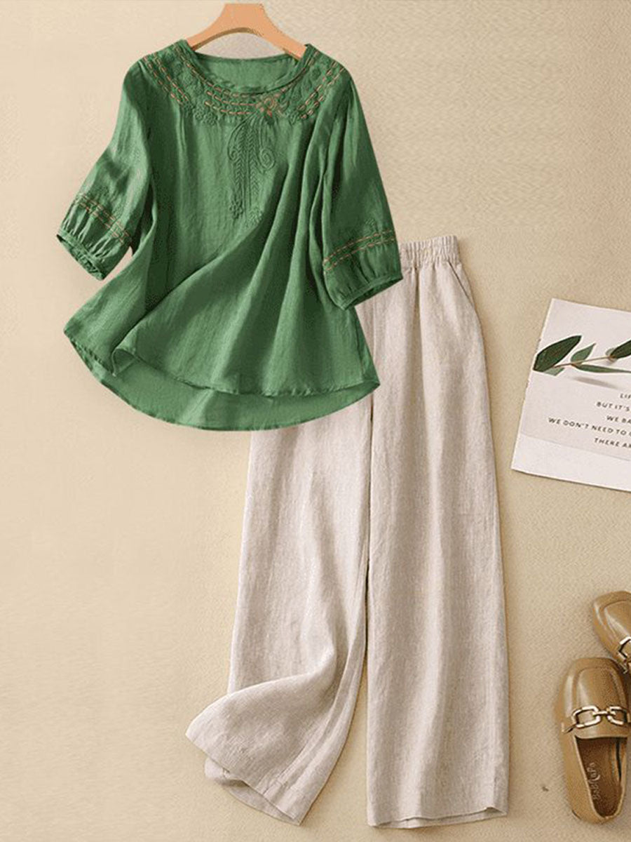 Women's Embroidered Cotton-linen Top And Casual Wide-leg Pants Two-piece Set