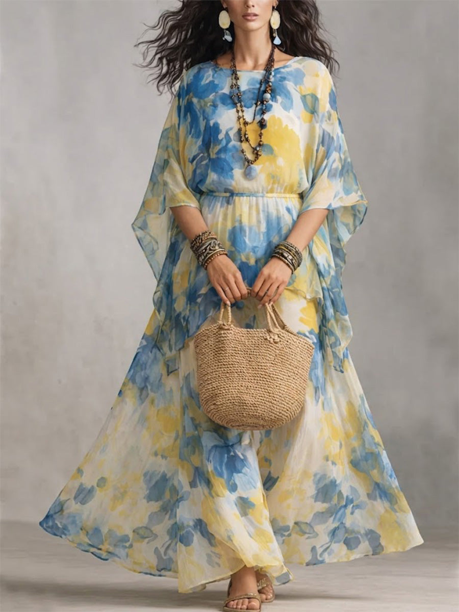 Watercolor Floral Batwing-sleeve Maxi Dress With Cinched Waist And Tie Detail