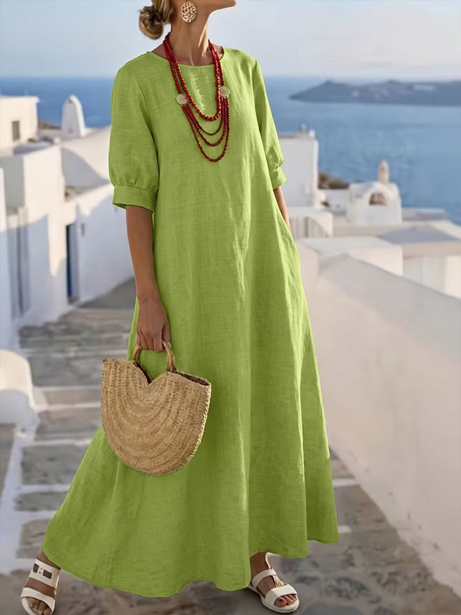 Women's Solid Color Crew Neck 3/4 Sleeve Casual Loose Cotton-linen Dress