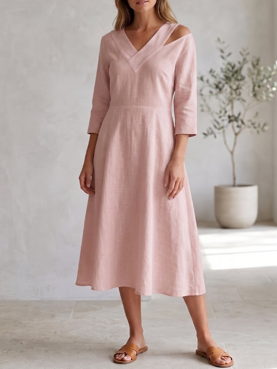 Stylish Casual V-neck Linen And Cotton Dress