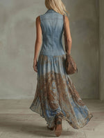 Women's Sleeveless Shirt-collar Vintage Spliced print Hem Dress