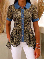 Women's Leopard Print Peter Pan Collar Short-sleeve Casual Loose Denim Cardigan With Chiffon Panels