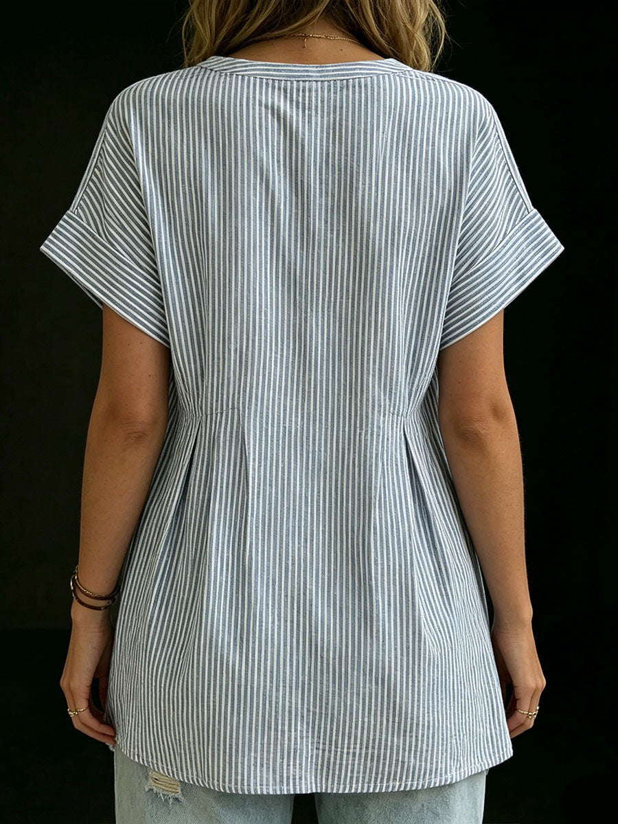 Women's Loose-fit Striped Short-sleeve Henley Shirt