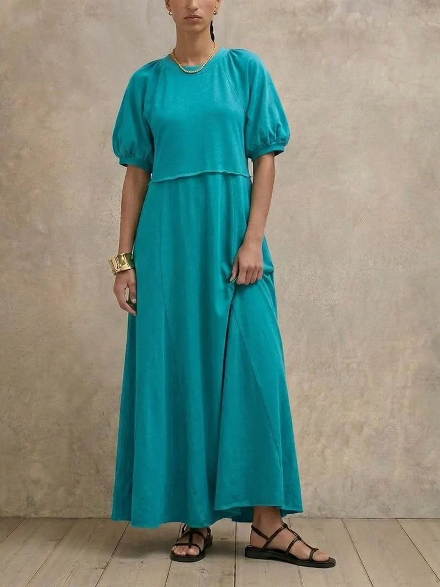 Relax Fit Bubble Short Sleeve Midi Maxi Dress, Solid Color Raglan Sleeve A-line Swing Casual Summer Dress