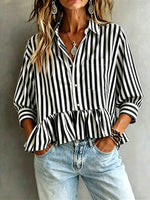 Women's Striped Ruffled Cropped 3/4-sleeve Shirt