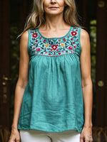 Women's Retro Floral Art Casual Stylish Sleeveless Cotton Linen Shirt