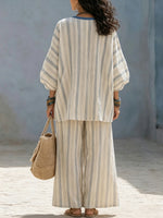 Women's Bohemian Striped Loose Cotton And Linen Set