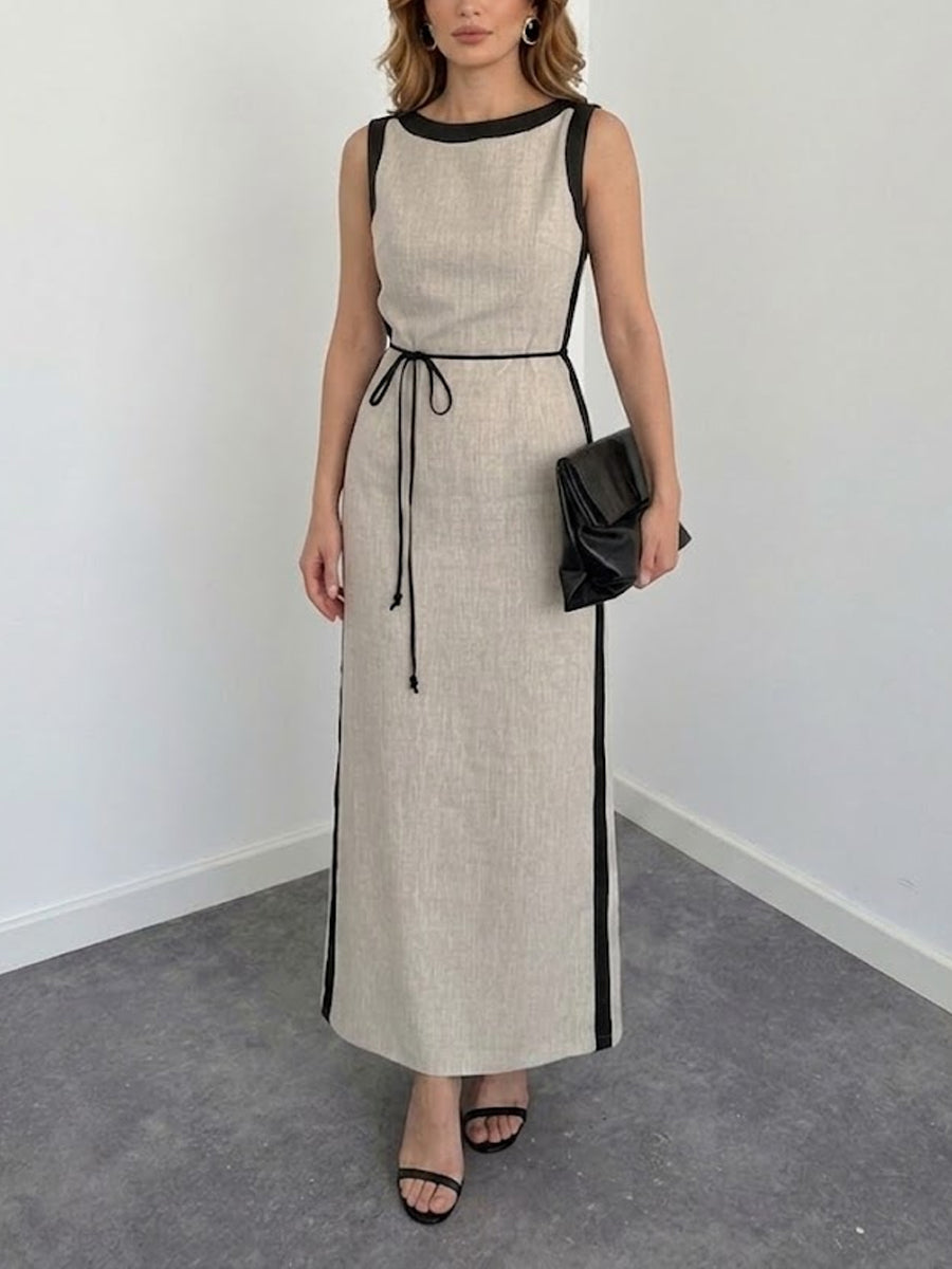 Women's Simple And Elegant Linen Sleeveless Waist-cinching Long Dress