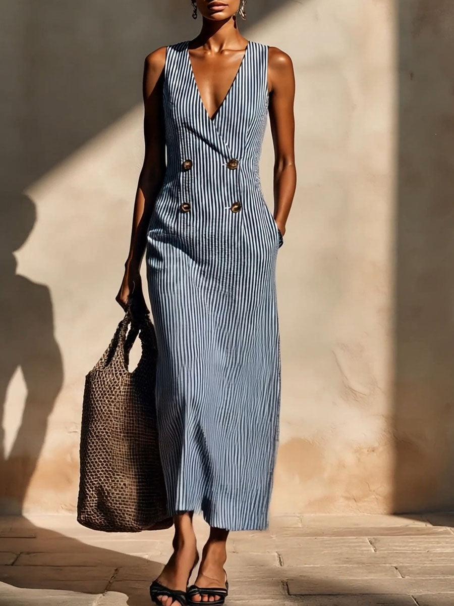 Women's Striped Print V-neck Sleeveless Casual Loose Cotton-linen Dress