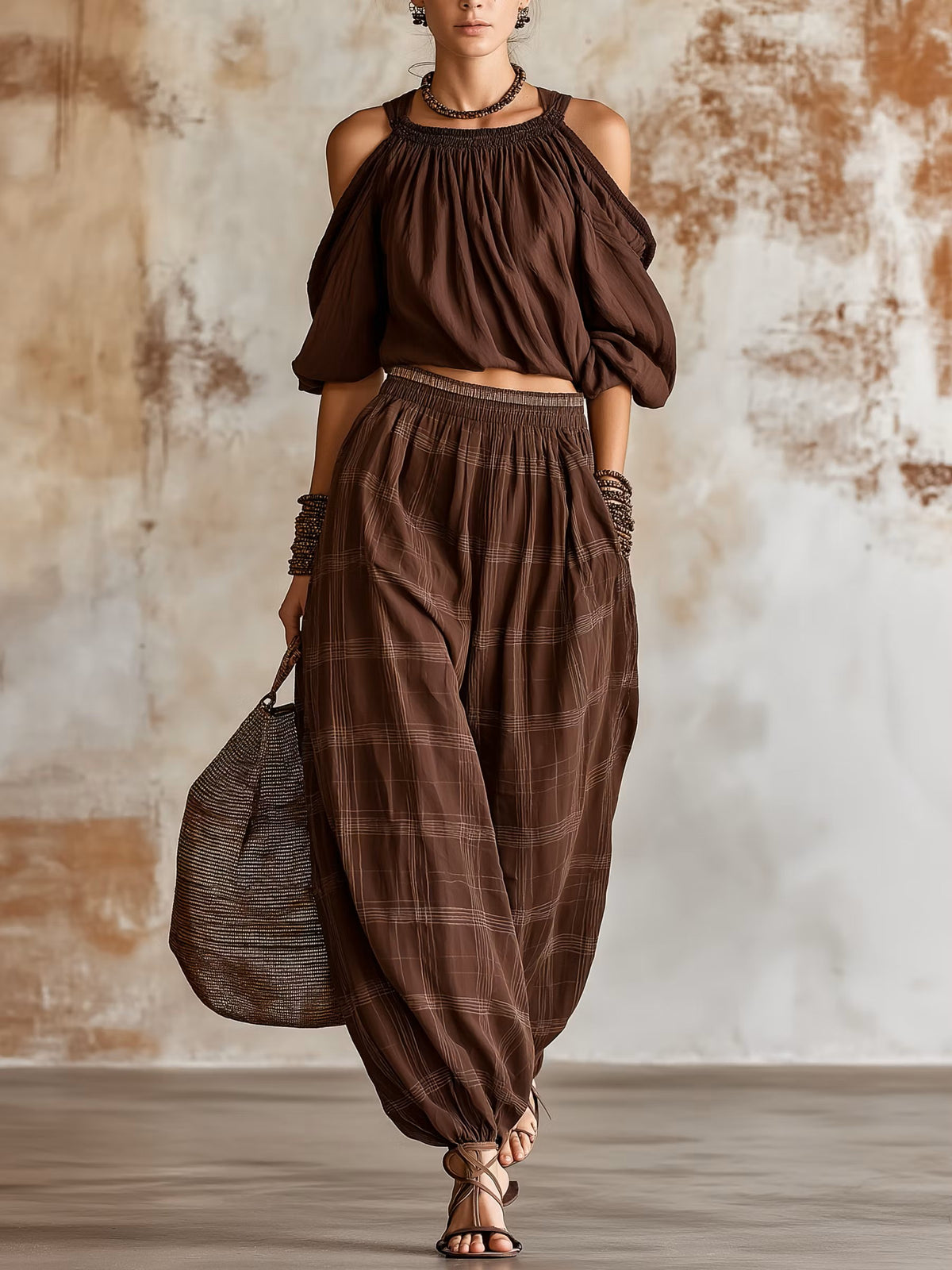 Casual Off-shoulder Linen-blend Top & Plaid Pants Two-piece Set
