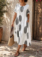 Women's Casual Loose Cotton-linen Dress With Abstract Print Round Neck And Short Sleeves