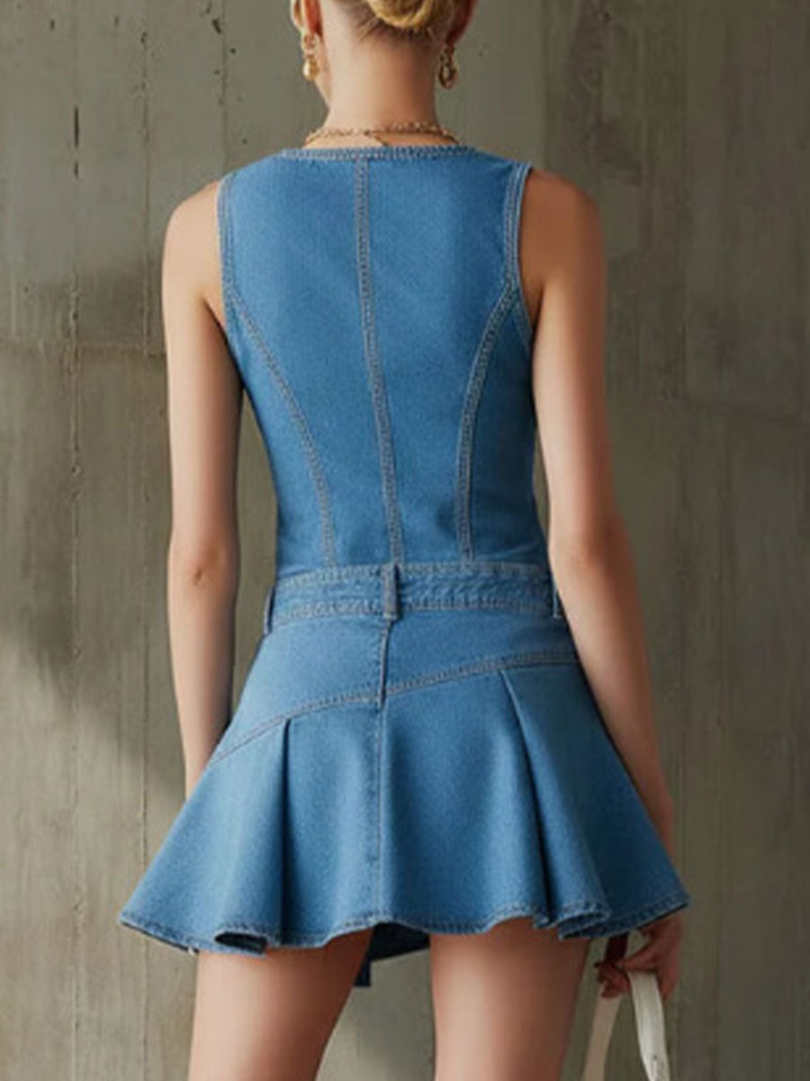 Women's Retro Blue Denim V-neck Sleeveless Pleated Mini Dress