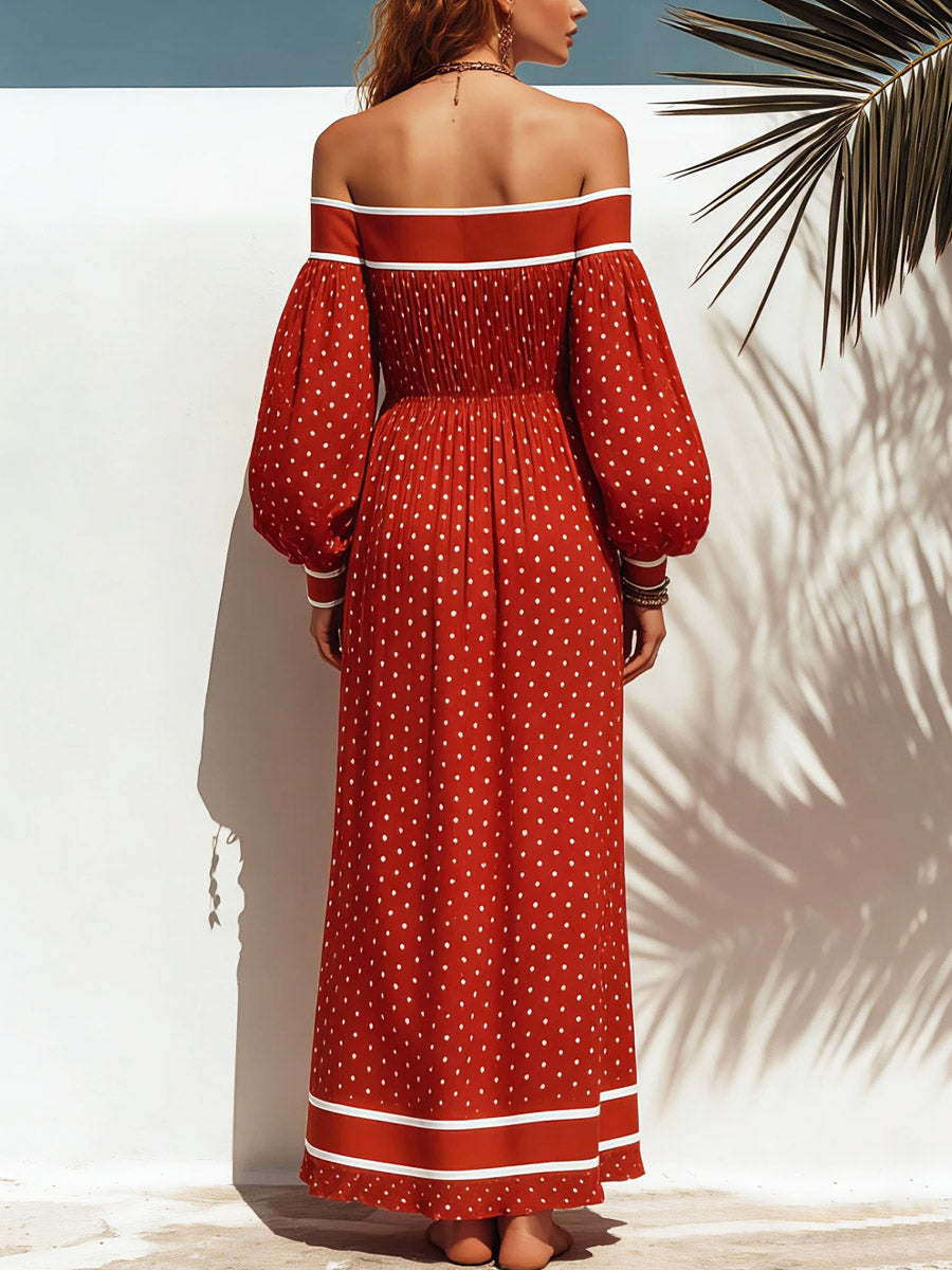 Women's Retro Polka Dot Pattern Art Print Casual Off-shoulder Cotton Dress