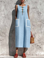 Women's Solid-color V-neck Sleeveless Casual Loose Cotton-linen Dress