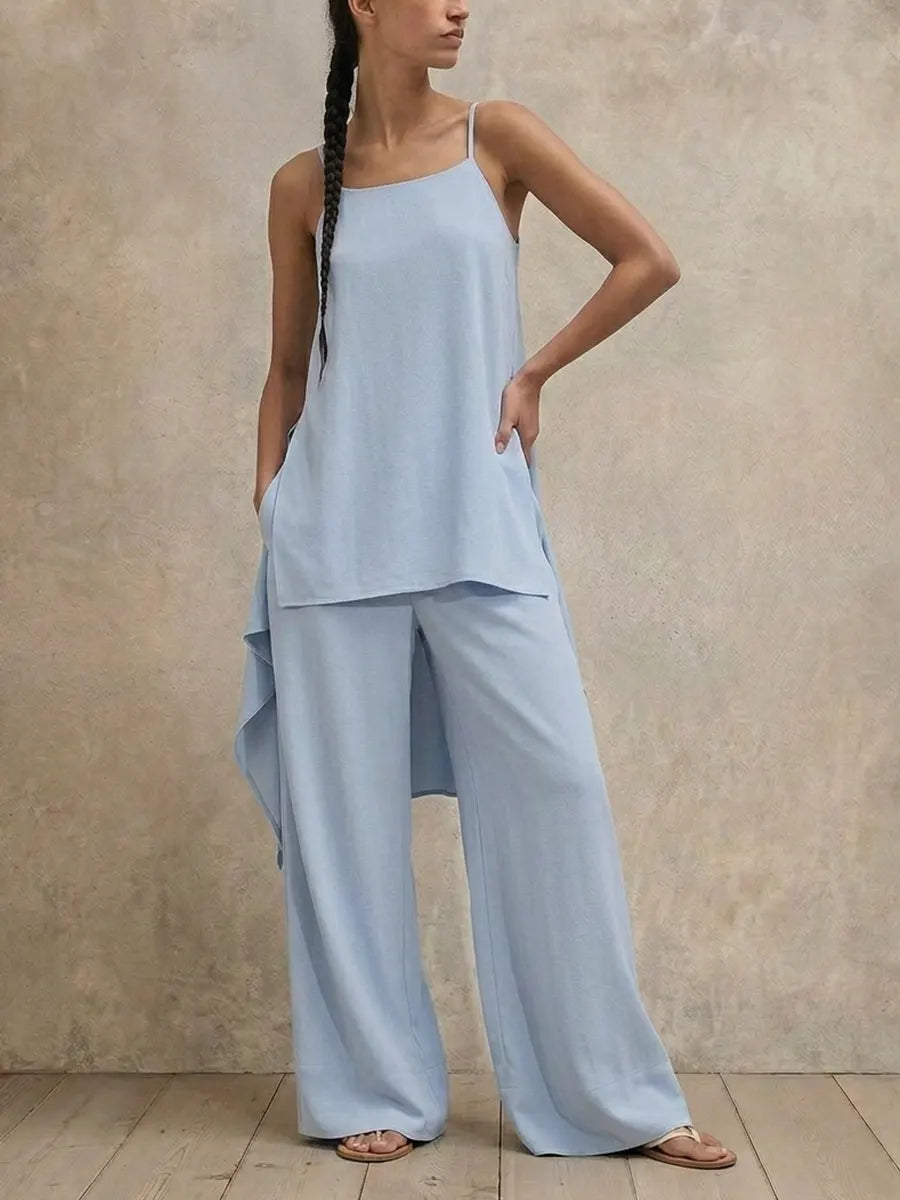 Women Light Blue 2 Piece Outfit, Spaghetti Strap Side Split Long Cami Top + High Waist Wide Leg Pants Casual Lounge Set
