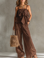 Vertical-stripe Ruffled Spaghetti-strap Top + Wide-leg Pants Set