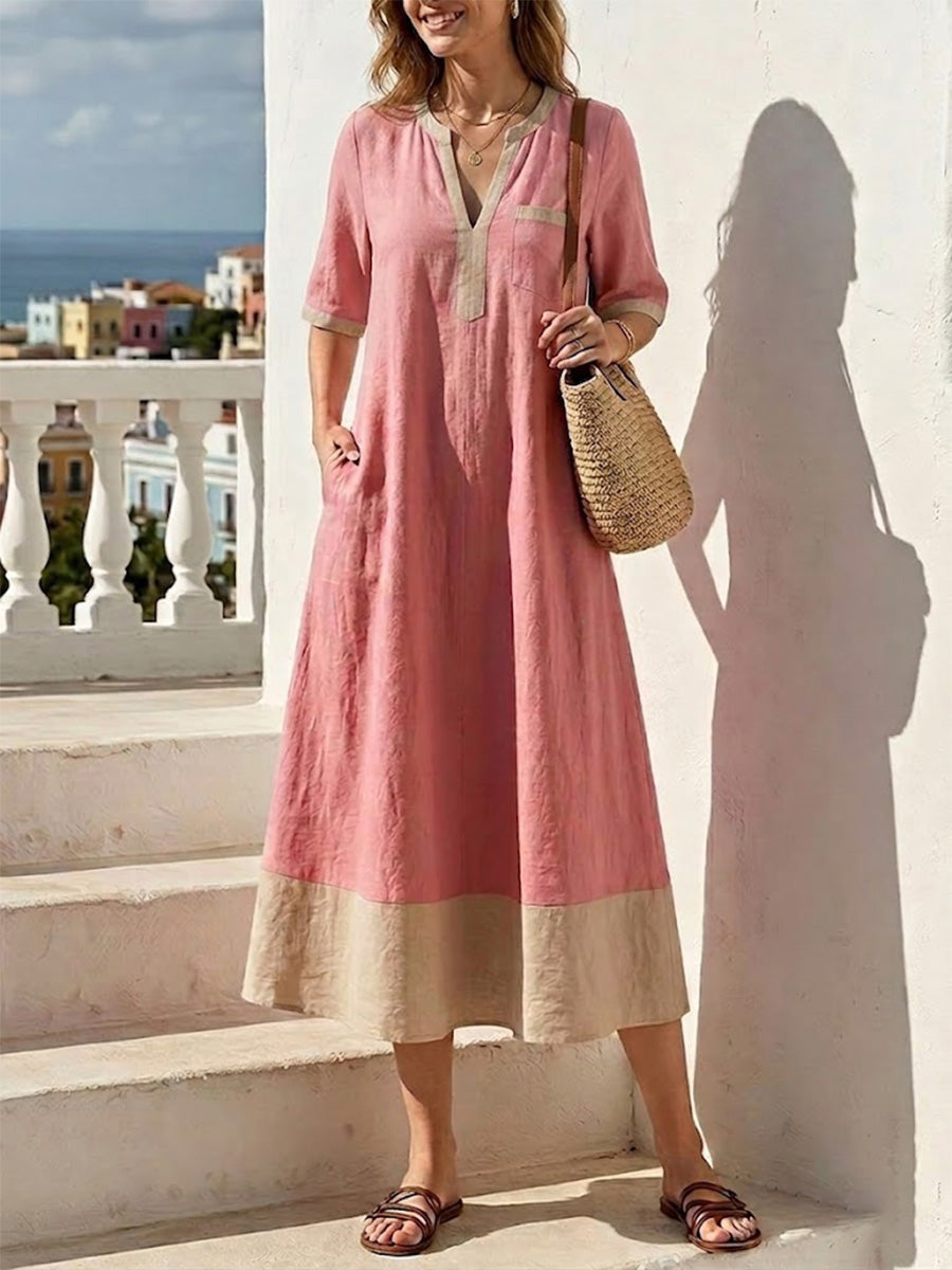 Color-block V-neck Cotton-linen Midi Dress With Elbow-length Sleeves