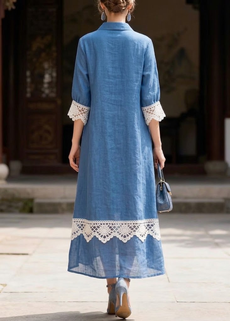 Elegant And Cozy Paneled Linen And Cotton Dress With Lace Trim
